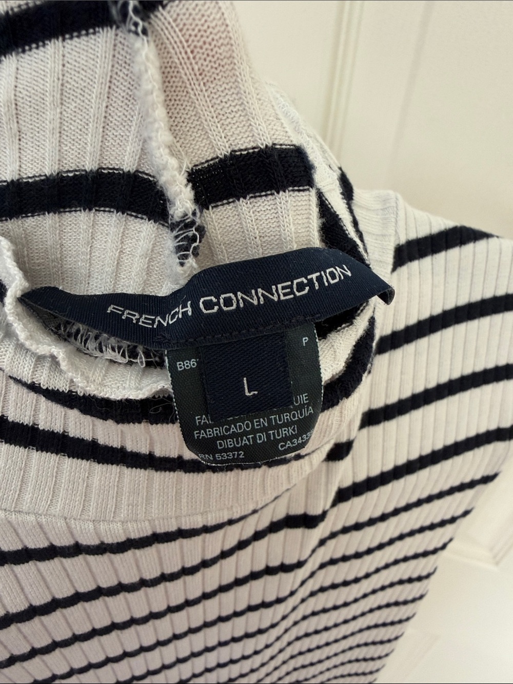 French Connection Black and White Striped Ribbed Turtleneck Sweater